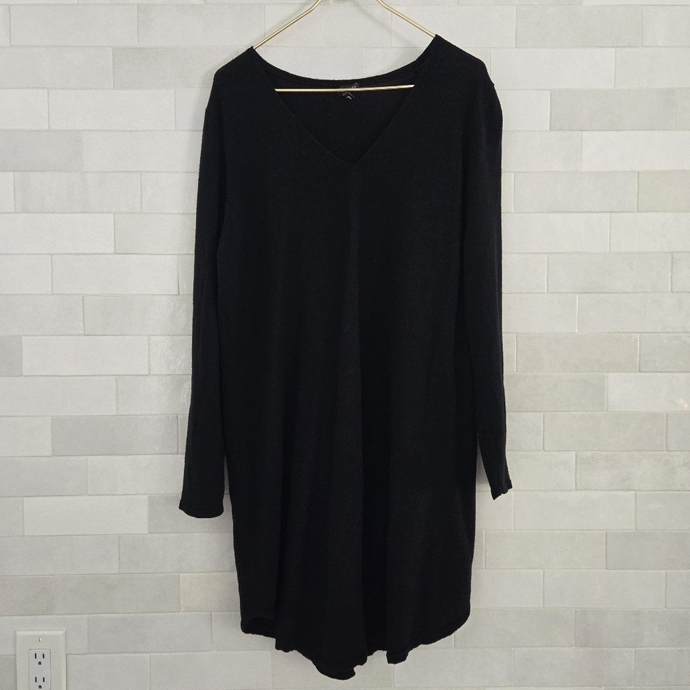 Eileen Fisher 100% Merino Wool V-neck Tunic Dress Top Long Sleeve Solid Black XL